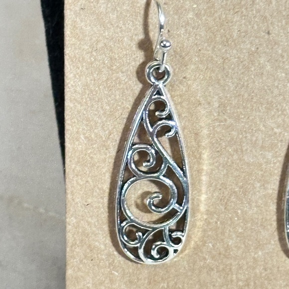 2/$20 Silver tone long thin water droplet filigree hook earrings - Picture 5 of 11